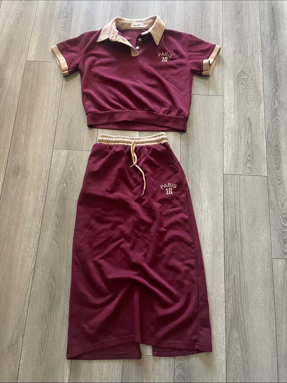 Burgundy and Cream Two-Piece top and midi skirt Set